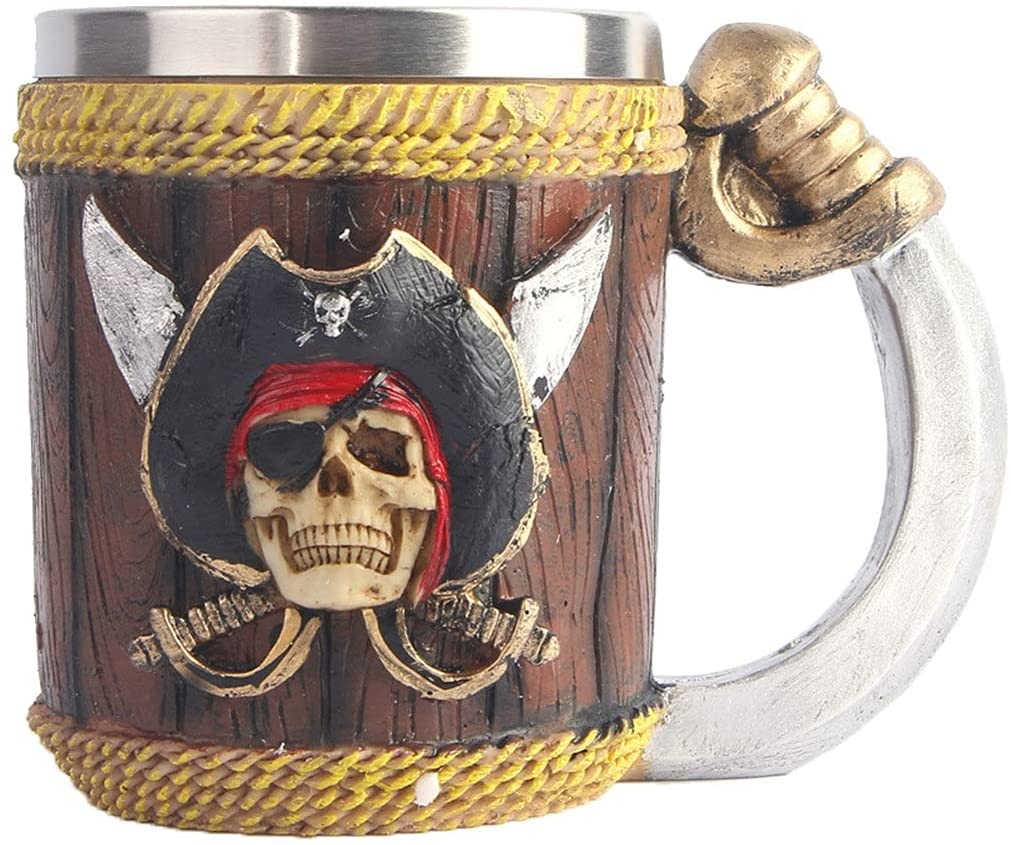 jarra pirata con calavera y asa de espada sable