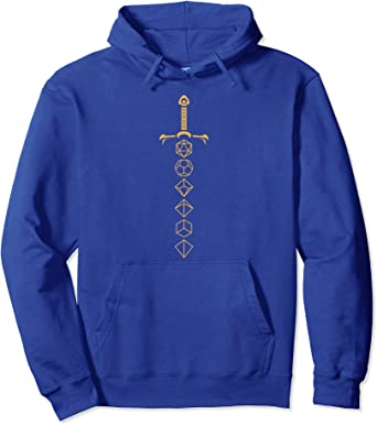 sudadera azul con capucha y bolsillos decoracion espada de dados juego de rol